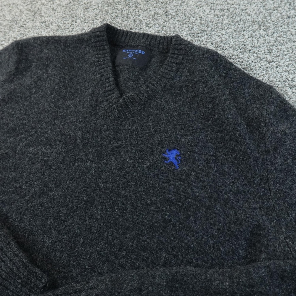 Express Sweater Mens XL Gray Donegal Lambswool V Neck Knit Pullover Grandpa Cozy